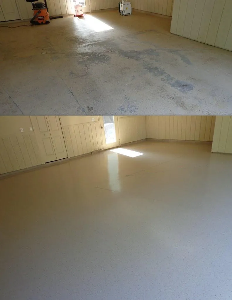 Garage floor before and after a solid epoxy coating