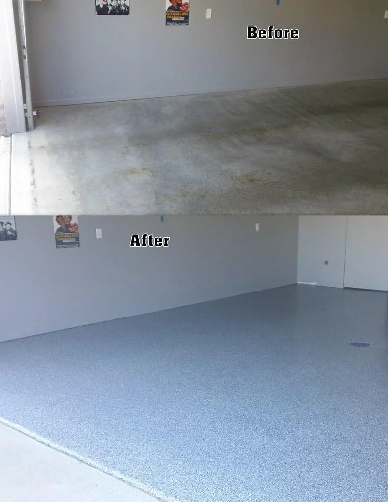 Garage floor before and after a gray flake coating