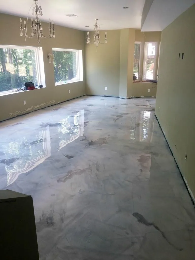 Gray and white metallic epoxy in a large basement room